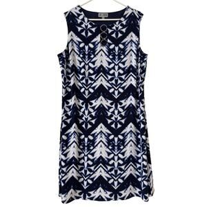 JM Collection XL Blue & White Sleeveless Dress Silver Links Accent Neck